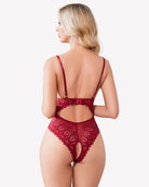 Red lace teddy with crisscross back straps and high-cut brief