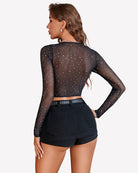 Black long-sleeve rhinestone crop top, back view