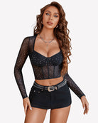 Black long-sleeve rhinestone crop top with push-up bust cups