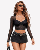 Black long-sleeve rhinestone crop top with sweetheart bust
