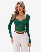 Green long-sleeve rhinestone crop top with sweetheart neckline