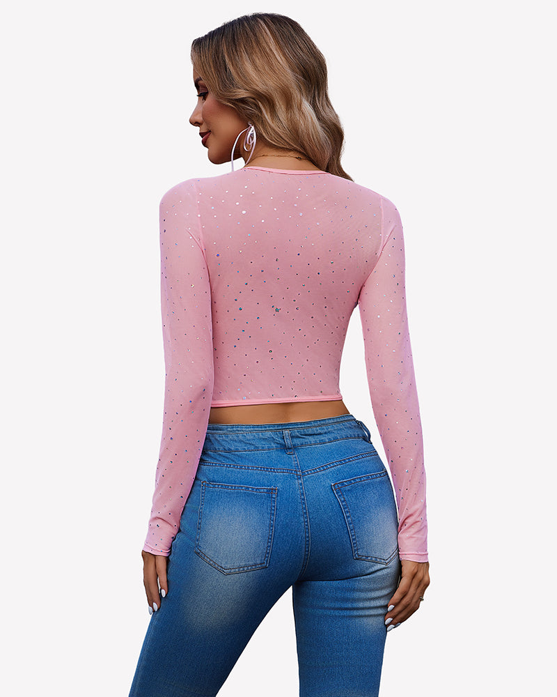 Light pink long-sleeve rhinestone crop top, back view
