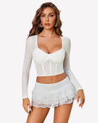 White long-sleeve rhinestone crop top with sweetheart neckline and corset seams