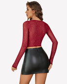 Wine red long-sleeve rhinestone crop top, back view