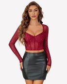 Wine red long-sleeve rhinestone crop top with sweetheart neckline