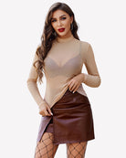 Sheer rhinestone mesh top with long sleeves and high neck, light tan, scattered sparkles