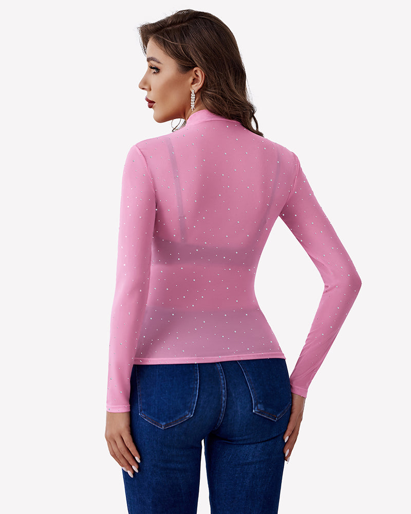 Sheer rhinestone mesh top with long sleeves and high back, hot pink with scattered rhinestones
