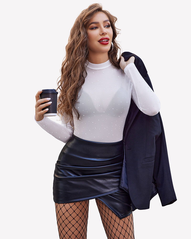 Sheer rhinestone mesh top with long sleeves and high neck, white with scattered rhinestones