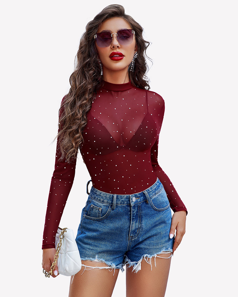 Wine red mesh rhinestone sheer top, long sleeves, V-neck front