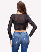 Black rhinestone mesh see-through long-sleeve crop top, back view with V cut