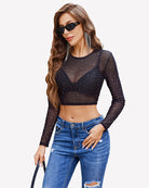 Black rhinestone mesh see-through long-sleeve crop top with sparkly dot pattern