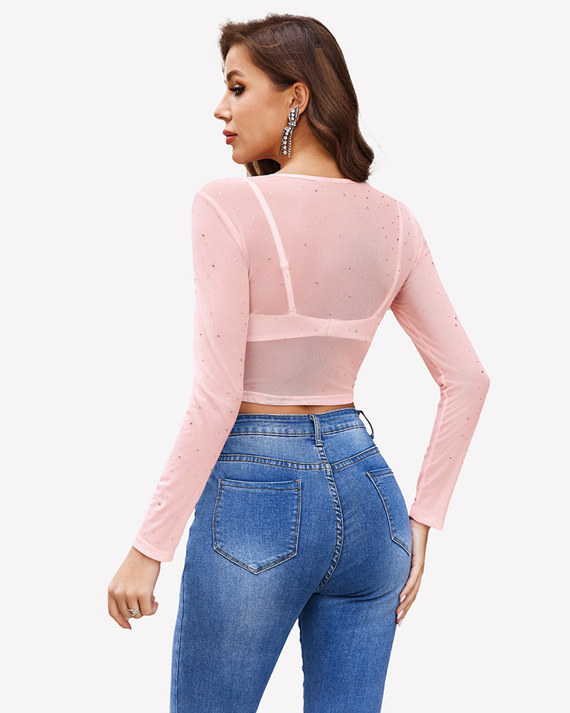 Light pink rhinestone mesh see-through long-sleeve crop top, back view