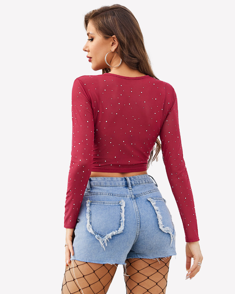 Wine red rhinestone mesh see-through long-sleeve crop top, back view