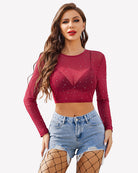 Wine red rhinestone mesh long-sleeve crop top, sheer round neck.