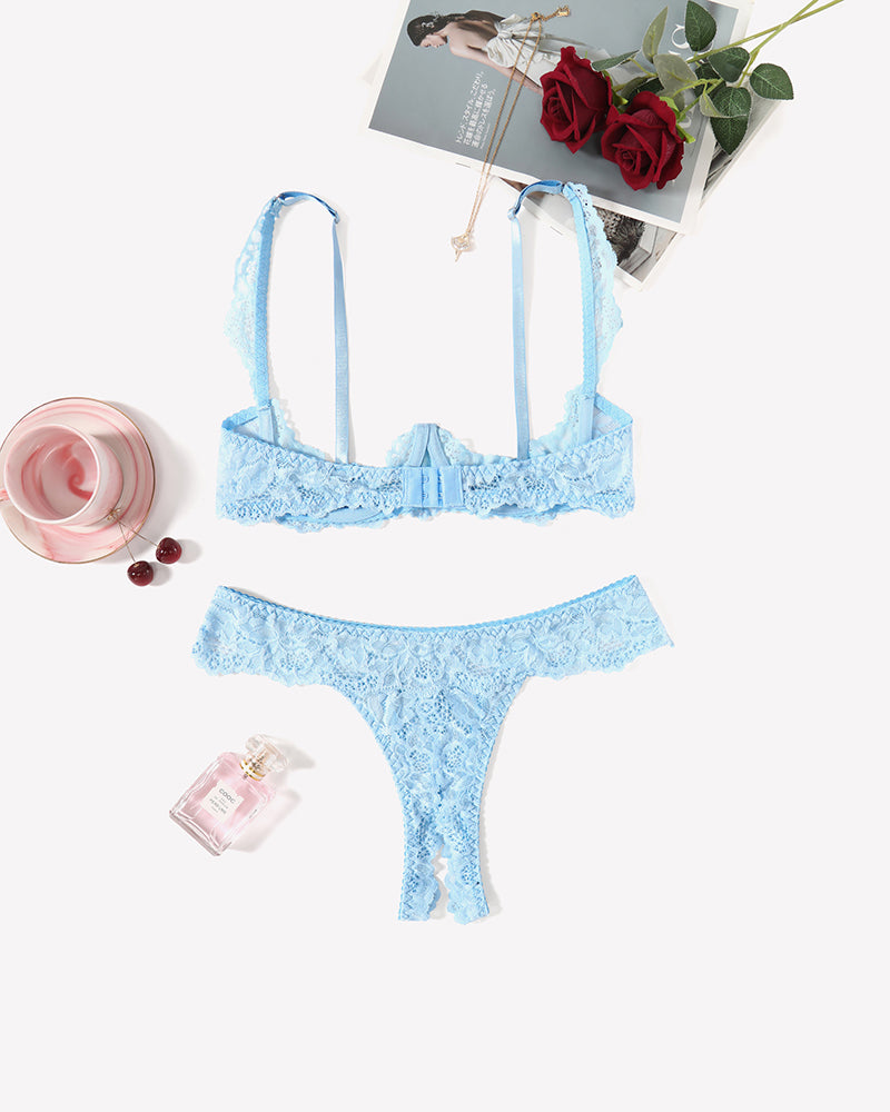 Light blue lace push-up bra and thong panty set, front view with lace bralette.