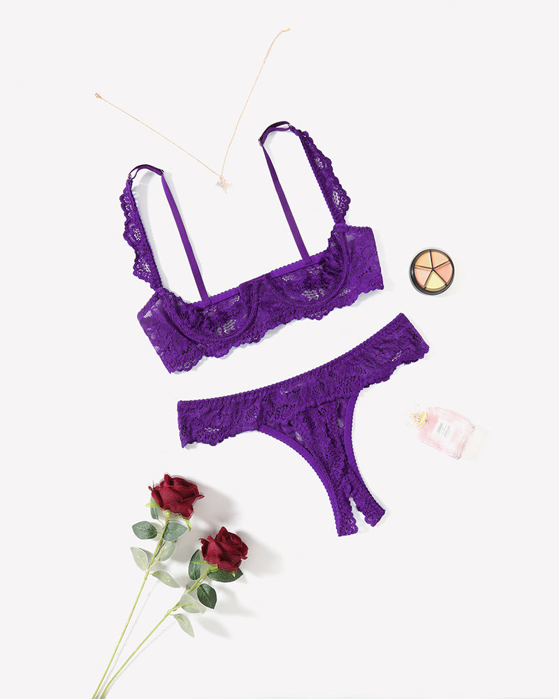 Purple lace push-up bra and thong panty set with scalloped lace edges.
