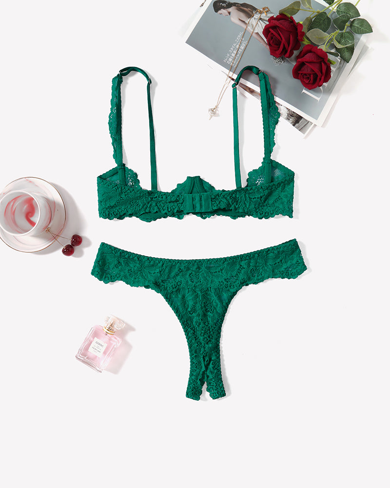 Green lace push-up bra and thong panty set with scalloped lace trim.