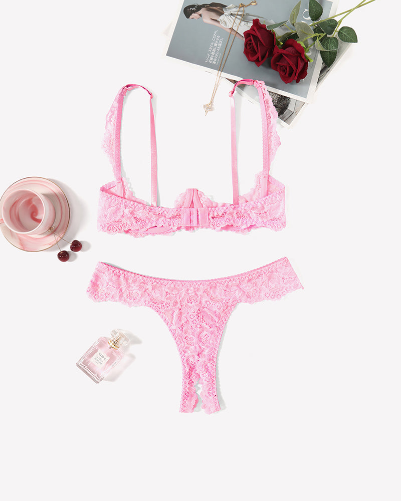 Pink lace push-up bra and thong panty set with scalloped lace trim.