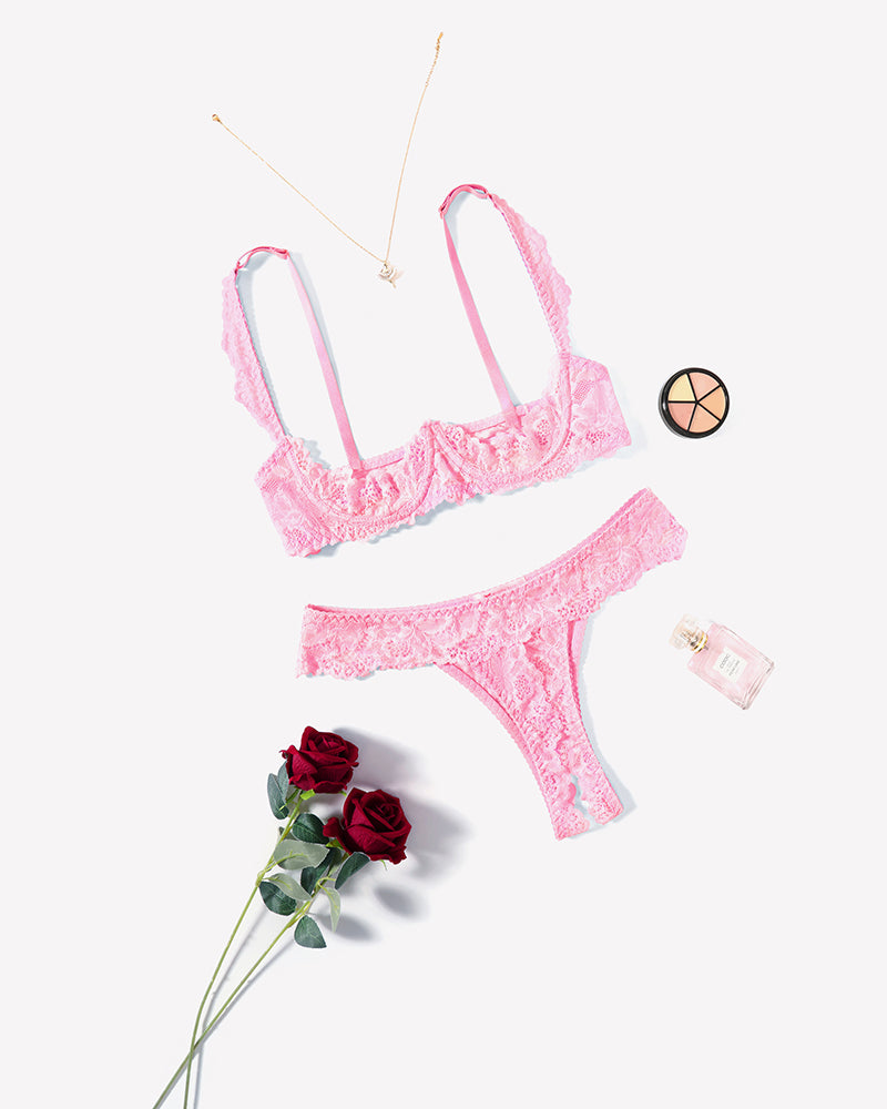 Pink lace push-up bra and matching thong panty set