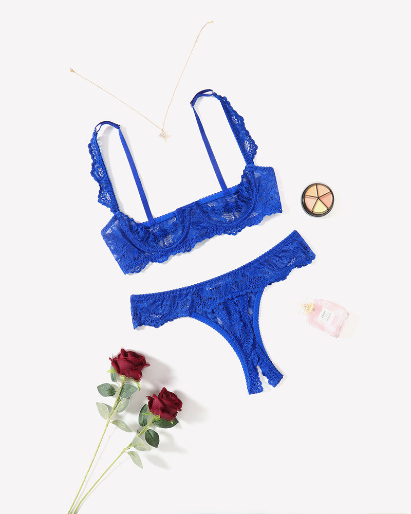 Blue lace push-up bra and matching thong panty set