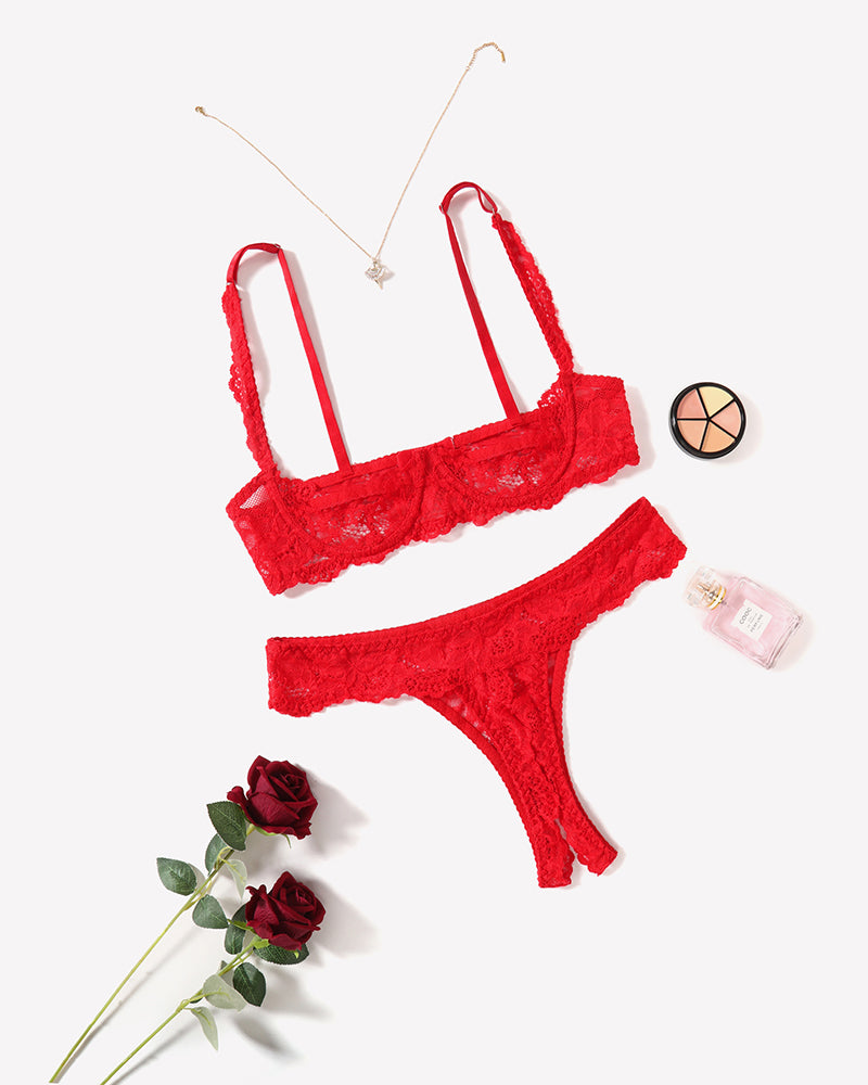 Red lace push-up bra and matching thong panty set