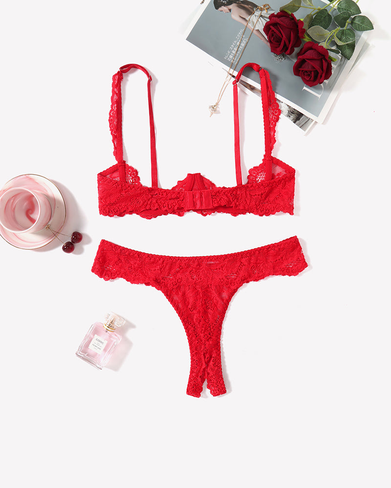 Red lace push-up bra with scalloped trim and thong panty set