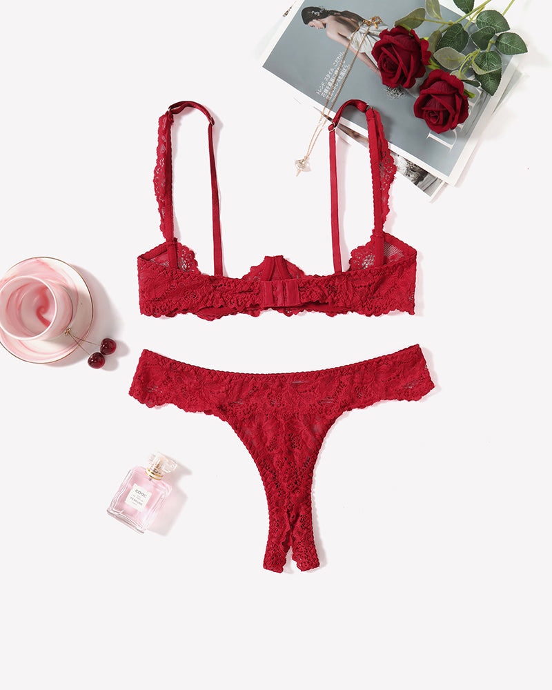 Red lace push-up bra and matching thong panty set, front lace trim
