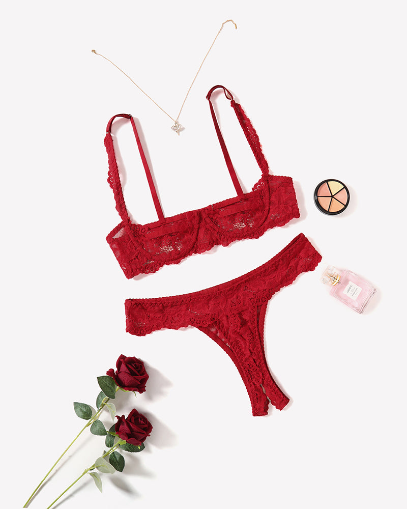 Red lace push-up bra and thong panty set with lace detailing