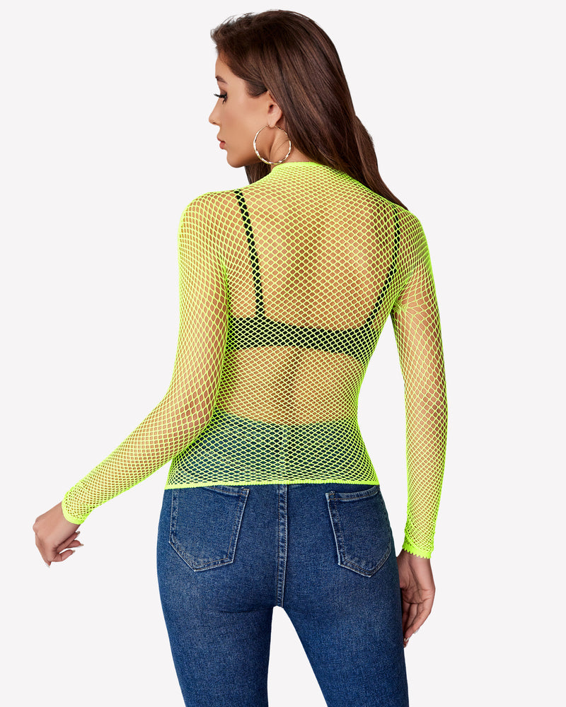 Neon green fishnet mesh long sleeve top, back view with high neckline and sheer fit