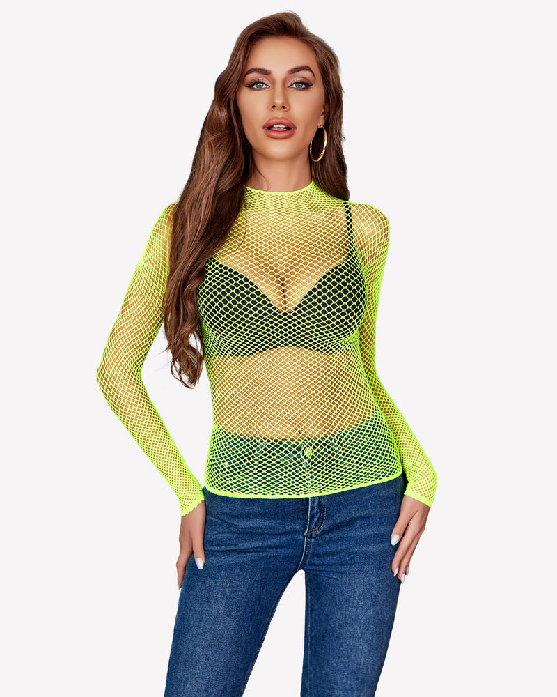 Neon green fishnet mesh long sleeve top with V-shaped bust and sheer panels