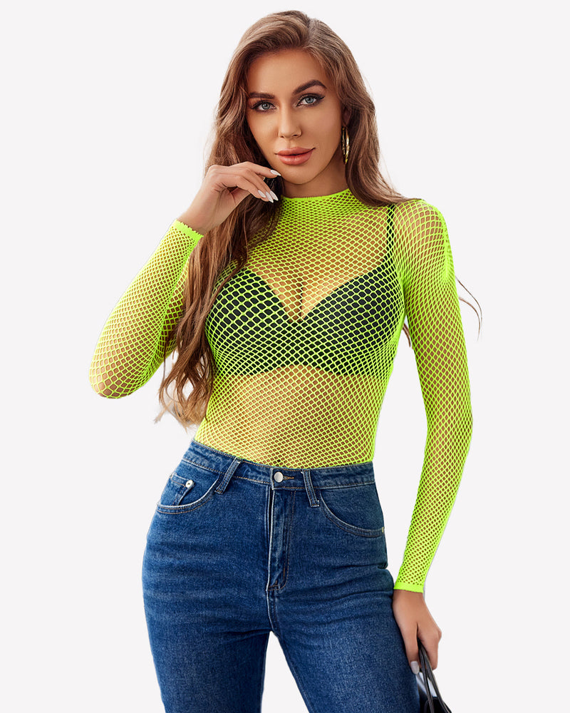 Neon green fishnet mesh long sleeve top with V-shaped front cutout detail