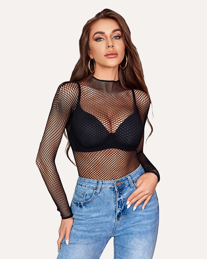 Black fishnet mesh long-sleeve top with high neckline