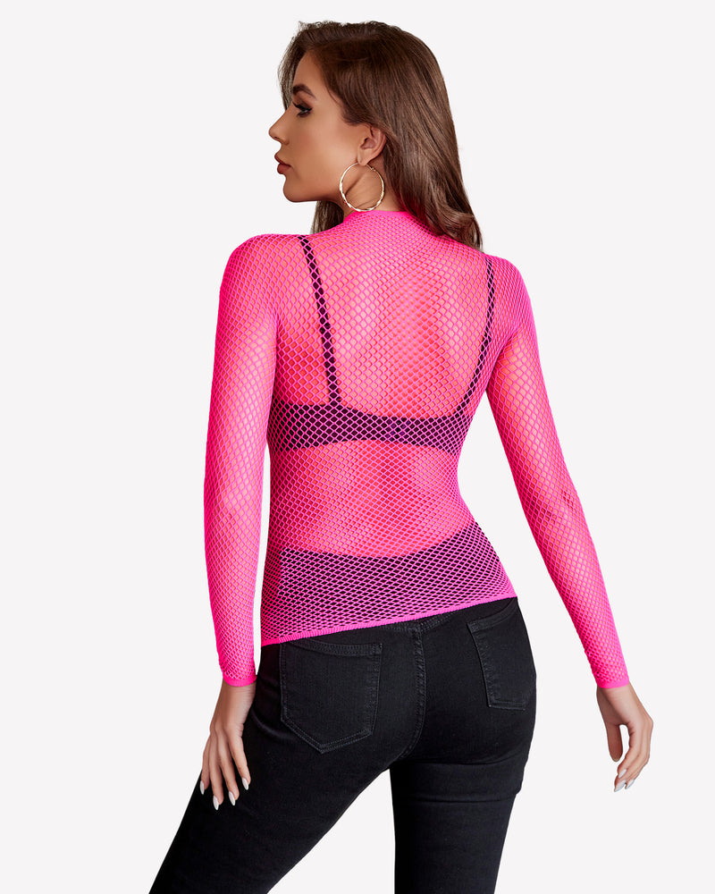 Fluorescent pink fishnet mesh long sleeve top, back view with sheer high neckline