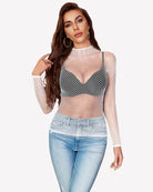 White fishnet long-sleeve top with high neck and sheer V-front panel