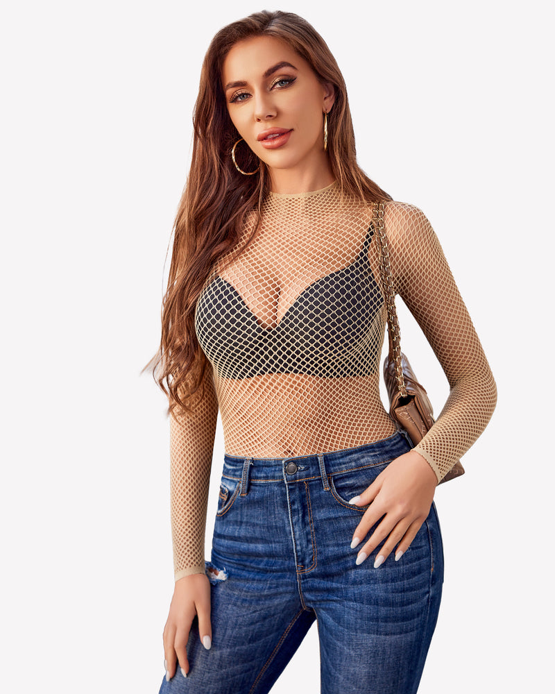 Light brown fishnet long-sleeve top with high neck, sheer V-front panel