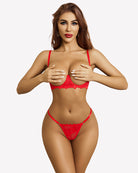 Red lace underwire bra and matching lace thong panty set