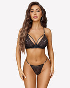 Star-print sheer mesh bra and panty set with triangle cups, thin blue-trim straps