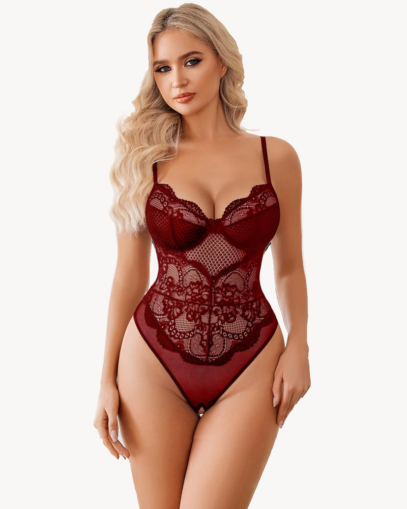 Cut-out crotchless babydoll teddy, wine red lace with underwire cups and scalloped trim.