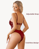 Cut-out crotchless babydoll teddy, wine red lace with adjustable shoulder straps and cutout.