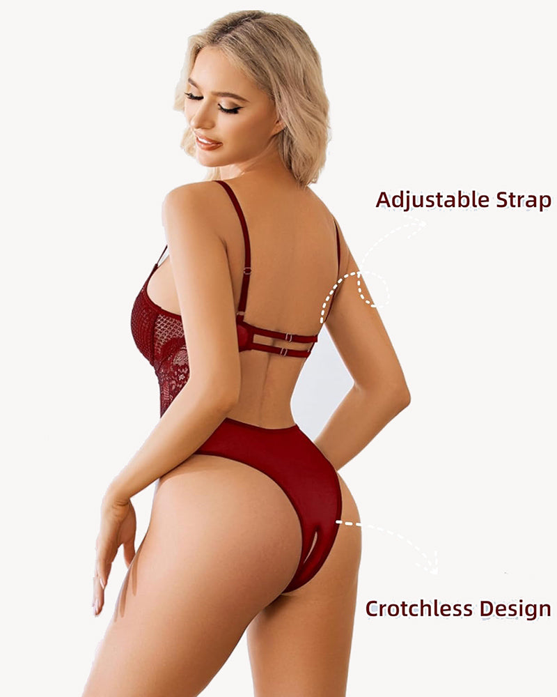 Cut-out crotchless babydoll teddy, wine red lace with adjustable shoulder straps and cutout.