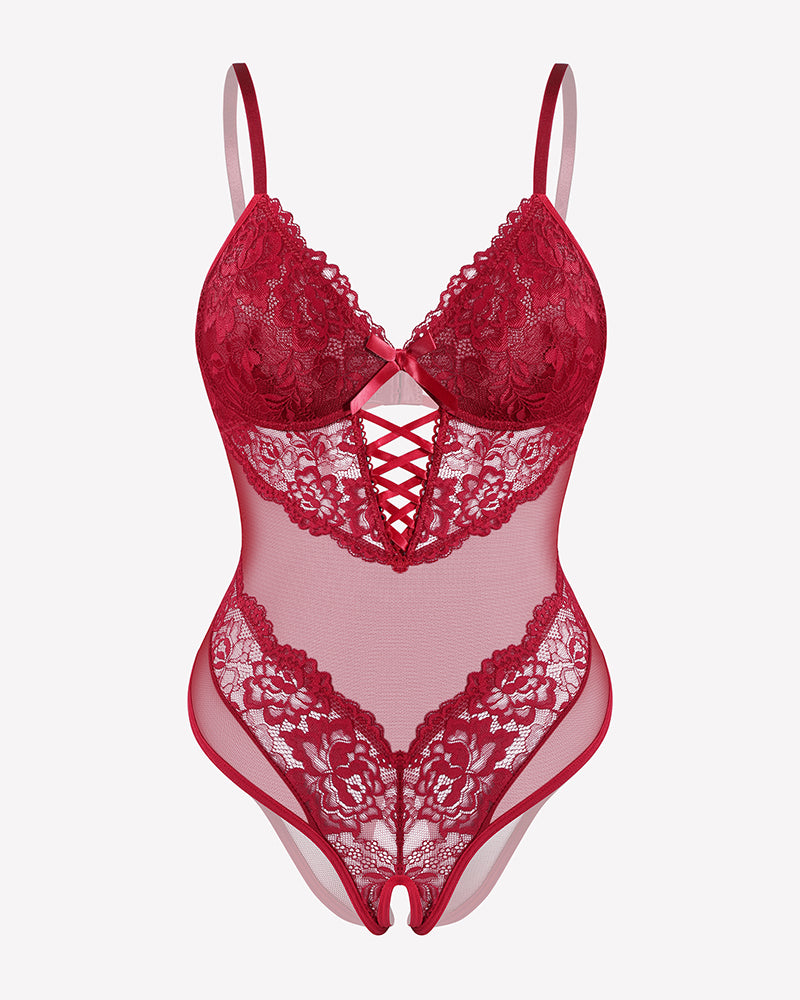 Lace V-neck mini bodysuit in wine red with lace cups and crisscross cutout at chest