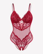Lace V-neck mini bodysuit in wine red with lace cups and crisscross cutout at chest