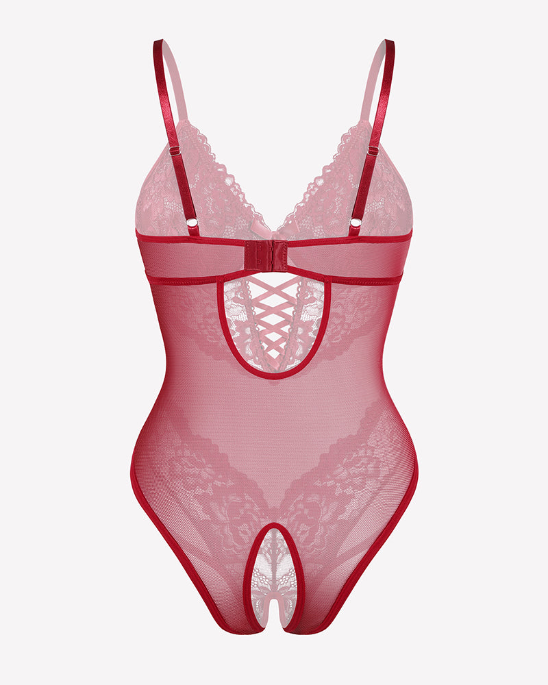 Lace V-neck mini bodysuit in pale pink with scalloped trim and central lattice cutout