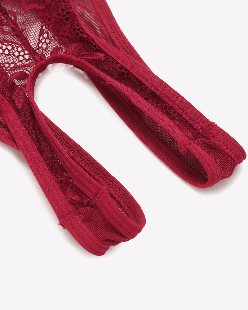 Wine red lace mini bodysuit with scalloped lace straps and mesh footless leg openings