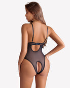 Lace V-neck mini bodysuit in dark navy, open-back design with curved cutout and straps
