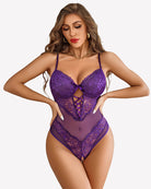 Lace V-neck mini bodysuit in purple with underwire cups and lace-up cutout panel
