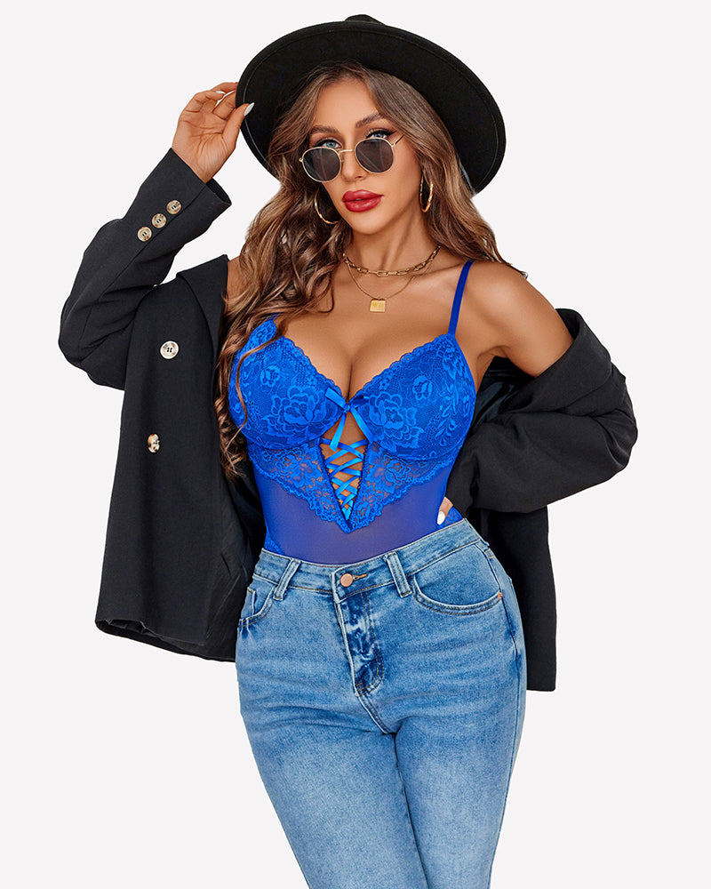 Lace V-neck mini bodysuit in blue with lace texture and central V cutout