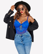 Lace V-neck mini bodysuit in blue with lace texture and central V cutout
