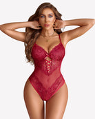 Lace V-neck mini bodysuit in red lace with crisscross panel at center front