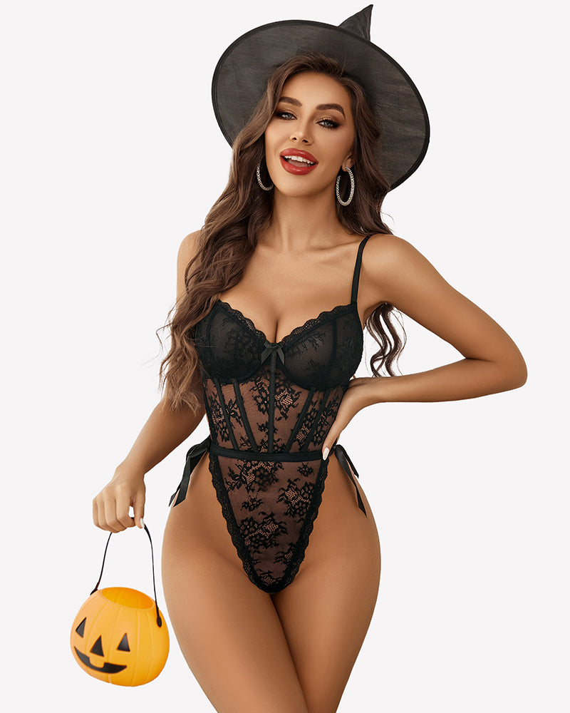 Black lace deep V bodysuit with satiny side ties